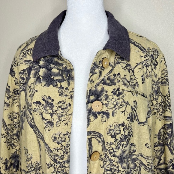 Coldwater Creek Petite Beige & Blue Floral Linen Button Front Barn Jacket Sz PL - Picture 2 of 10